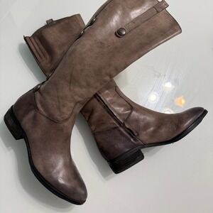 Arturo Chiang Tall Leather Riding Boots Taupe Brown Button Detail Size 9
